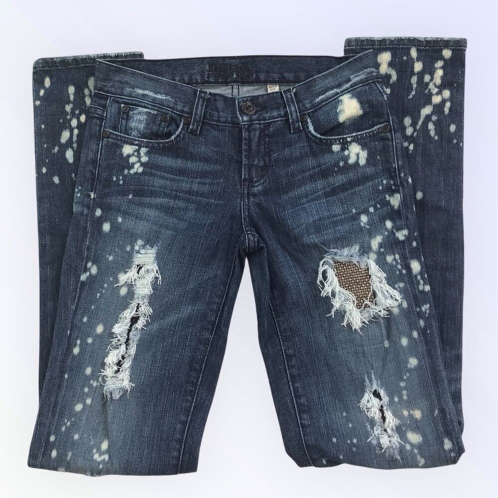 Bebe Rhinestone Mesh Jeans & Distressed Straight Leg Blue Vintage